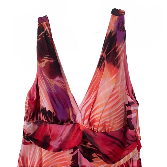 EUC Bisou Bisou Chiffon Abstract Dress sz 14 Peach Black Red Ivory Party Wedding - Picture 2 of 5